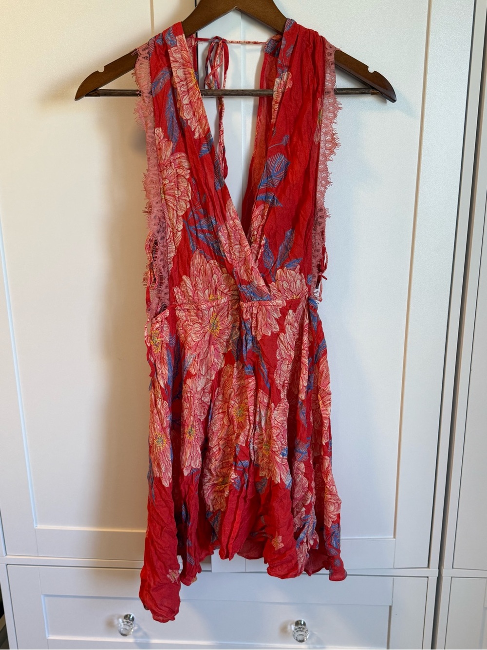 Free People Red Floral V-Neck Mini Dress